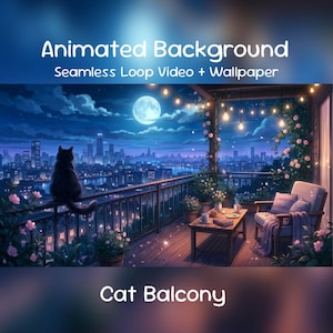 真夜中の猫のバルコニーアニメアニメーション背景：夜の街並み、月明かり、ローファイ、Twitchオーバーレイ、VTuberストリーム