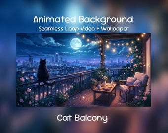 Mitternacht Katze Balkon Hintergrund animiert: Nachtansicht der Stadt, Mondschein, Lofi, Twitch Overlay, VTuber Stream