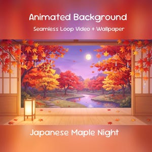 Puede incluir: Un fondo animado con un video en bucle y un fondo de pantalla titulado Japanese Maple Night. La escena muestra una vista desde un porche de madera hacia un río, árboles de otoño con hojas rojas y una luna llena en el cielo nocturno.