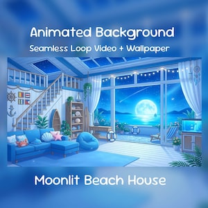Moonlit Beach House Anime Animierter Hintergrund | Sommer Ozean Zimmer, Lofi, Twitch Overlay, VTuber Stream