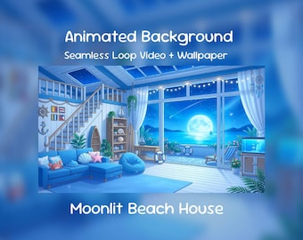 Moonlit Beach House Anime Animated Background| Summer Ocean Room, Lofi, Twitch Overlay, VTuber Stream