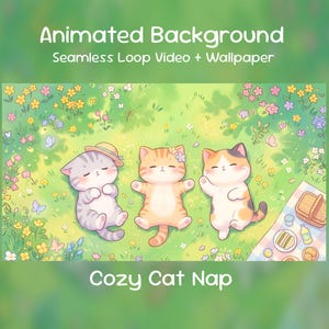 Fond d'écran animé Cozy Cat Sieste | Kawaii Kitty Meadow, après-midi endormi, été, superposition Twitch, flux VTuber
