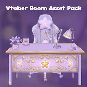 May include: A digital illustration of a purple desk with gold trim, a matching chair, and accessories. The desk features star and moon designs. Accessories include a lamp, microphone, potted plant, and a mug. The text "Vtuber Room Asset Pack" is at the top.