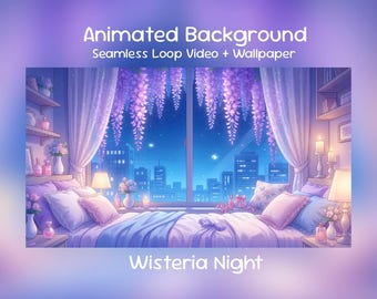 Animerad bakgrund: Blåregnsnatt, månbelyst drömstadsfönster, Twitch-överlägg, VTuber-stream