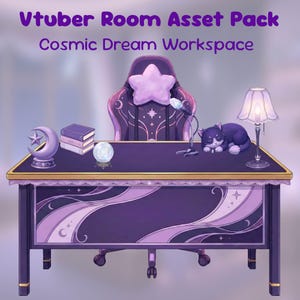 Peut inclure: Un bureau violet avec une bordure dorée, un oreiller en forme d'étoile sur une chaise et un chat endormi. Le bureau comprend une statue de croissant de lune, des livres, une boule de cristal, un microphone et une lampe. Le texte sur l'image indique "Vtuber Room Asset Pack Cosmic Dream Workspace."