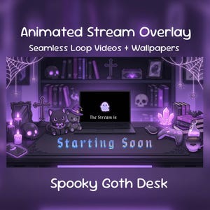 May include: Purple animated stream overlay with a spooky goth desk theme. The image features a laptop, a crystal, a skull, and the text "Starting Soon". The overlay includes seamless loop videos and wallpapers.