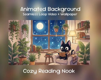 Cozy Reading Nook Anime Animated Background: Green Plant Bedroom, Window, Night, Cat, Twitch Overlay, VTuber Stream