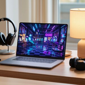 May include: A laptop displays a vibrant arcade game scene with neon lights. Black headphones and a microphone are on the left, and a lamp and another pair of headphones are on the right. The setup is on a wooden desk.