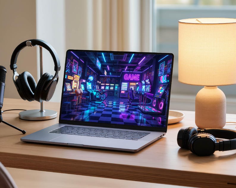 May include: A laptop displays a vibrant arcade game scene with neon lights. Black headphones and a microphone are on the left, and a lamp and another pair of headphones are on the right. The setup is on a wooden desk.
