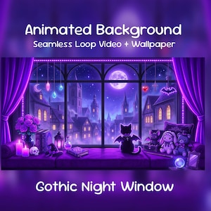 Op de afbeelding: Een geanimeerde achtergrondafbeelding met een gotische nachtscène. De afbeelding toont een raam met uitzicht op een stad met volle maan. Op de vensterbank staan een zwarte kat, knuffels, boeken, kaarsen en een schedel. De tekst luidt "Animated Background" en "Gothic Night Window."