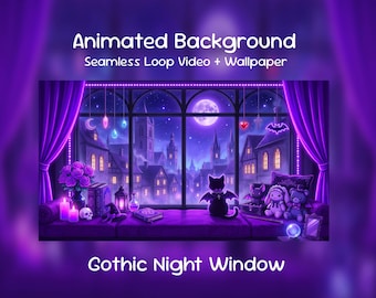 Fondo animado de anime/Ventana nocturna gótica morada, Gato kawaii, Fantasía oscura, Lo-Fi, Superposición de Twitch, Transmisión de VTuber