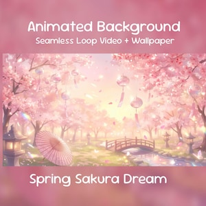 Op de afbeelding: Geanimeerde achtergrondafbeelding met een naadloze loopvideo en wallpaper. De afbeelding toont een serene lente met kersenbloesem, een brug en windgongen. De tekst luidt "Spring Sakura Dream".