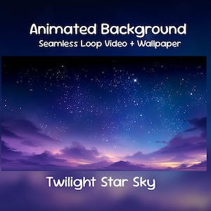 Könnte beinhalten: Ein animiertes Hintergrundbild mit einem Sternenhimmel in der Abenddämmerung. Das Bild zeigt ein nahtloses Loop-Video und einen Hintergrund mit einem Farbverlauf aus Lila, Blau und Schwarz. Der Text lautet "Animated Background" und "Twilight Star Sky".