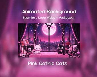 Pink Gothic Cats Anime Animated Background| Kawaii Dark Room, Cute Vampire Studio, Twitch Overlay, VTuber Stream