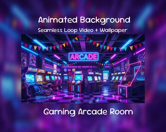 Fondo animado de anime para sala de juegos arcade / Espacio de juegos neón, juego retro, superposición de Twitch, transmisión de VTuber