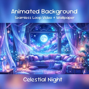 May include: An animated background image featuring a celestial night scene. The image shows a cozy living room with a large window overlooking a full moon and starry sky. The room is decorated in shades of blue and purple, with a sofa, curtains, and plants.