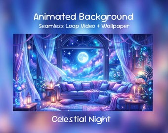 Celestial Night Anime Animated Background: Magical Room, Mystic Sky, Cosmic Dream, Twitch Overlay, VTuber Stream