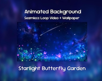 Jardín de mariposas estrelladas, fondo animado de anime / Cielo nocturno de ensueño, trébol, estrellas, superposición de Twitch, transmisión de VTuber