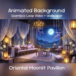 Peut inclure: Un arrière-plan animé représentant un pavillon oriental éclairé par la lune. La scène comprend une pleine lune, un lustre, des lanternes et des meubles violets. Le texte sur l'image indique "Animated Background Seamless Loop Video + Wallpaper".