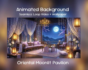Fondo animado de anime para dormitorio oriental iluminado por la luna: Pabellón oriental, noche, serenidad púrpura, estrellado, superposición de Twitch, transmisión de VTuber