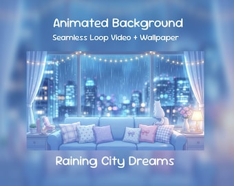 Anime Animated Background| Rainy City Dreams, Midnight Cat Window, Blue Rain Night, Lofi, Twitch Overlay, VTuber Stream