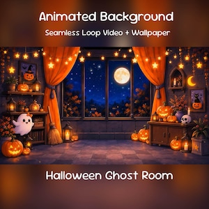 May include: Animated Background Seamless Loop Video + Wallpaper Halloween Ghost Room. A digital illustration of a room decorated for Halloween with orange curtains, string lights, pumpkins, a ghost, and a window view of a full moon at night.