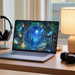 May include: A laptop displaying a fantasy scene with a full moon, trees, and a cozy interior. Black headphones rest on a stand and on the desk. A beige lamp with a white lampshade is also on the desk.