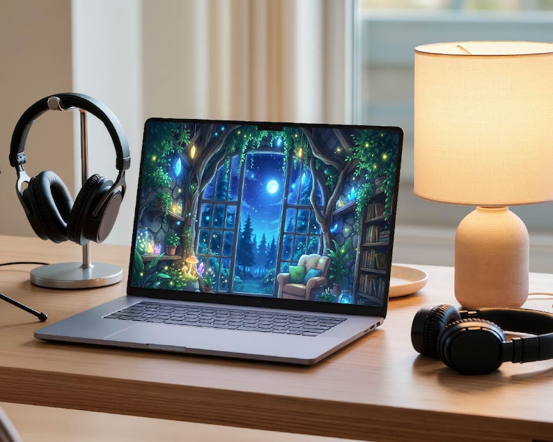 May include: A laptop displaying a fantasy scene with a full moon, trees, and a cozy interior. Black headphones rest on a stand and on the desk. A beige lamp with a white lampshade is also on the desk.