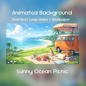 Op de afbeelding: Een geanimeerde achtergrondafbeelding met de tekst "Animated Background, Seamless Loop Video + Wallpaper". De scène toont een zonnige picknick aan de oceaan met een oranje busje, een kat en een picknickmand op een strand met een zeilboot.