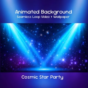 Puede incluir: Animated Background Seamless Loop Video + Wallpaper Cosmic Star Party. Un gráfico digital que muestra un cielo nocturno estrellado de color azul oscuro, iluminado por dos focos de luz azul brillante dirigidos hacia el centro, creando un efecto luminoso.