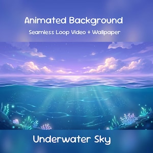 Può includere: Uno sfondo animato con una vista divisa della superficie dell'oceano blu e un cielo viola al tramonto con nuvole. Il testo recita Animated Background Seamless Loop Video + Wallpaper e Underwater Sky. Sott'acqua sono visibili barriere coralline luminose.