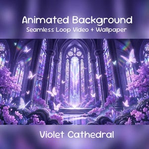 Puede incluir: Ilustración digital de una catedral violeta, disponible como vídeo en bucle continuo y fondo de pantalla. La imagen muestra un paisaje de fantasía con mariposas, flores moradas y una fuente de luz. Texto: "Animated Background" y "Violet Cathedral."