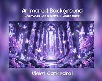 Anime Animated Background: Violet Cathedral, Purple Palace, Ethereal Bloom, Butterfly, Moon, Twitch Overlay, VTuber Stream