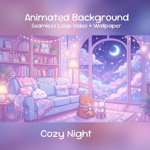 Könnte beinhalten: Animierter Hintergrund mit dem Thema einer gemütlichen Nacht. Die Illustration zeigt ein Wohnzimmer mit Sofa, Bücherregalen und einem großen Fenster mit Blick auf einen Sternenhimmel mit einem Halbmond. Text: "Animated Background" und "Cozy Night".