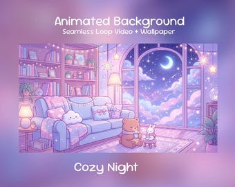 Cozy Night Anime Animated Background: Bedroom, Room, Kawaii Animal, Bunny, Bear, Twitch Overlay, VTuber Stream, Discord Kick OBS