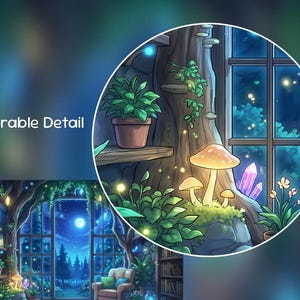 May include: An illustration of a whimsical forest scene with a large tree, mushrooms, and crystals. A potted plant sits on a wooden shelf. The scene is framed by a window overlooking a night sky with a full moon.