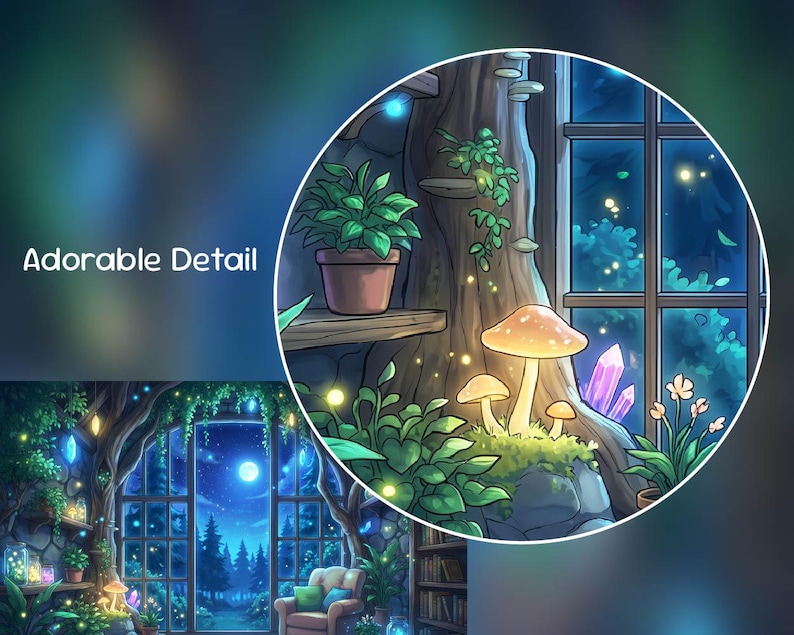 May include: An illustration of a whimsical forest scene with a large tree, mushrooms, and crystals. A potted plant sits on a wooden shelf. The scene is framed by a window overlooking a night sky with a full moon.