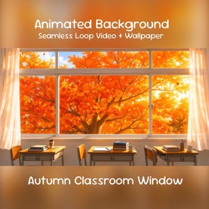Autumn Classroom Window Anime Animated Background| Cozy Fall Study Room, YouTube, Twitch Overlay, VTuber Stream