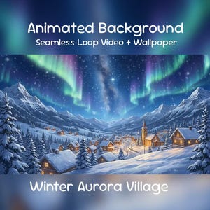 Fond animé d'anime sur le thème des aurores boréales dans un village d'hiver : Aurores boréales, neige douillette, ciel étoilé, superposition Twitch, stream VTuber