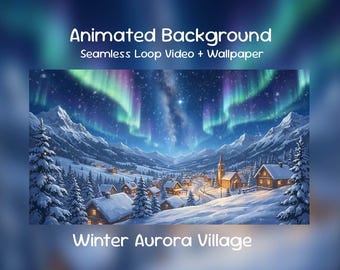 Sfondo animato anime del villaggio invernale con aurora boreale: luci del nord, neve accogliente, celeste, stellato, sovrapposizione Twitch, streaming VTuber