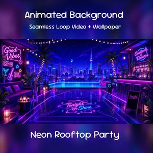 Neon Rooftop Party Animated Background| Summer Tropical Night Bar, YouTube, Twitch Overlay, VTuber Stream