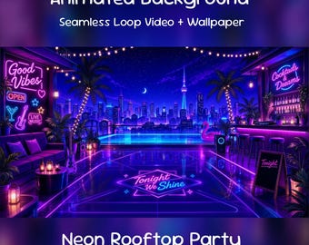 Neon Rooftop Party Animated Background| Summer Tropical Night Bar, YouTube, Twitch Overlay, VTuber Stream