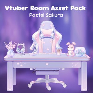 Puede incluir: Un paquete de activos de habitación Vtuber con temática pastel, que incluye un escritorio, una silla y accesorios. El escritorio y la silla son de color púrpura claro con detalles en rosa y diseños florales. Los accesorios incluyen un peluche de conejo, auriculares y un micrófono. El texto "Vtuber Room Asset Pack Pastel Sakura" se muestra en la parte superior.