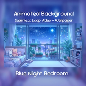 Anime Animated Background| Blue Night Bedroom, Moonlit Cozy Room, Midnight, Kawaii, Tropical, Lofi, Twitch Overlay, VTuber Stream