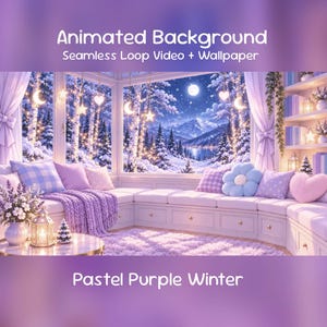 May include: Animated Background Seamless Loop Video + Wallpaper Pastel Purple Winter. A cosy window seat with purple cushions, a knit throw, and floral decor overlooking a snowy mountain landscape at night with a full moon and hanging lights.