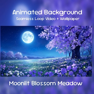 Könnte beinhalten: Animierter Hintergrund eines mondbeschienenen Blütenmeers. Die Szene zeigt einen Vollmond am dunklen blauen Himmel, ein Feld mit lila und weißen Blumen und einen großen Baum mit lila Blüten. Der Text oben lautet "Animated Background" und "Seamless Loop Video + Wallpaper".