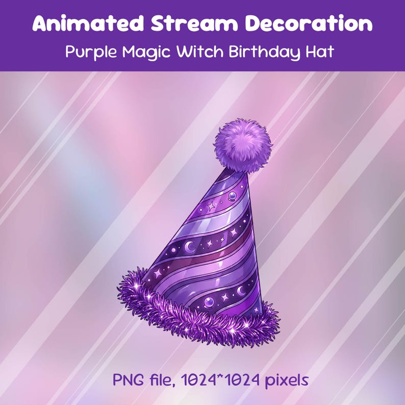 May include: A purple witch-themed birthday hat with a fluffy pom-pom and a decorative base. The hat features stripes, stars, and crescent moons. The text reads "Animated Stream Decoration" and "Purple Magic Witch Birthday Hat."