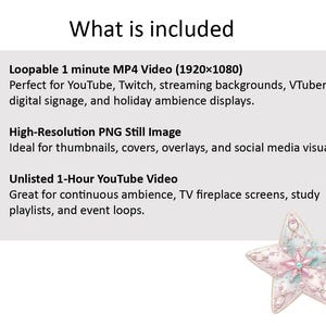 May include: A digital product listing graphic with the text "What is included" and details about a loopable MP4 video, a high-resolution PNG image, and an unlisted YouTube video. A decorative star-shaped ornament is in the bottom right corner.