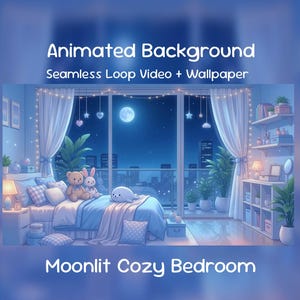 Peut inclure: Image d'arrière-plan animé d'une chambre douillette au clair de lune. La scène présente un lit avec des oreillers et des animaux en peluche, une grande fenêtre avec vue sur la ville et le texte "Animated Background Seamless Loop Video + Wallpaper".