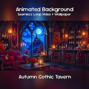 May include: Animated Background Seamless Loop Video + Wallpaper Autumn Gothic Tavern. A digital illustration of a tavern interior with a purple velvet sofa, a wooden coffee table with a lantern, bar stools, and shelves filled with bottles.